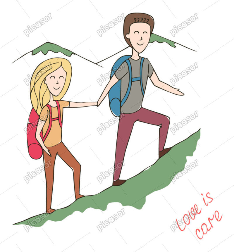 وکتور مرد و زن عاشق در حال کوهنوردی