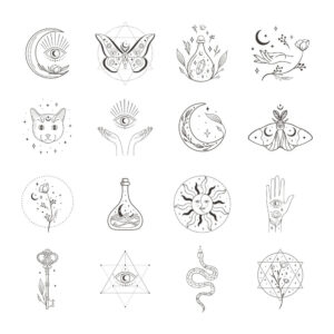 16 وکتور نمادهای طلسم و جادو - وکتور نماد دست چشم خورشید گربه کلید مار پروانه و ستاره