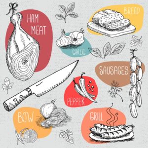 11 وکتور نقاشی سوسیس گوشت سیر فلفل پیاز و نان - وکتور نقاشی مواد غذایی سبک اسکچ