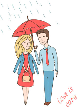 وکتور مرد و زن عاشق زیر چتر در باران طرح نقاشی کودکانه