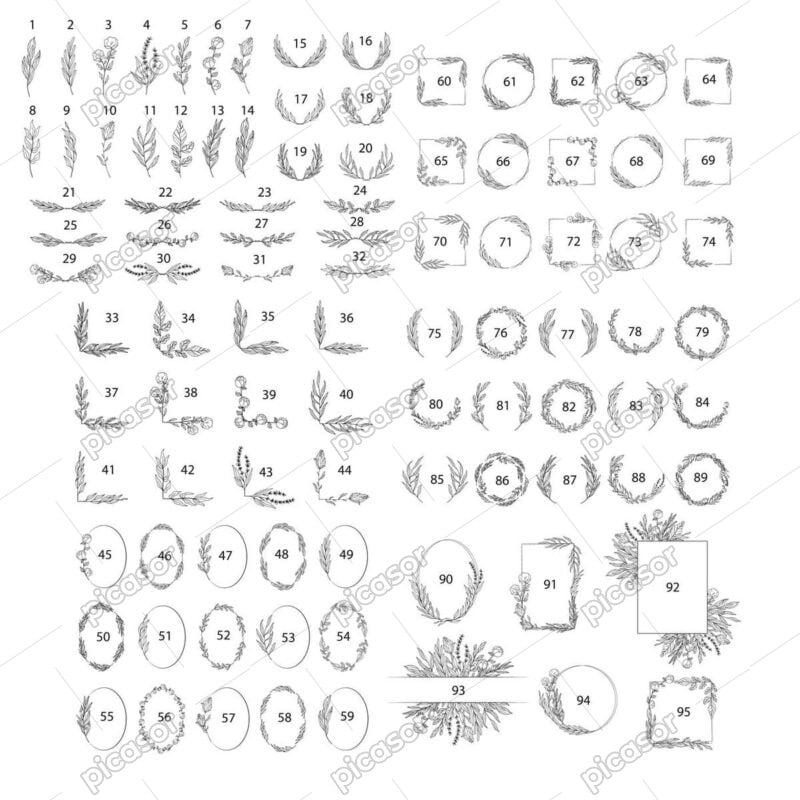 95 وکتور نقاشی گل و گیاه قاب برگ و گل و گوشه شاخه برگ با حلقه برگ
