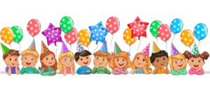 وکتور بچه های شاد کنارهم در جشن تولد با بادکنک و کلاه تولد