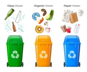 3 وکتور تفکیک زباله با سطل آشغال و زباله های قابل بازیافت شیشه ای و کاغذی