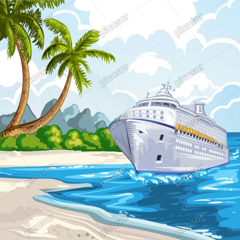 وکتور کشتی تفریحی در ساحل جزیره گرمسیری - وکتور پس زمینه ساحل با نخل و کشتی تفریحی