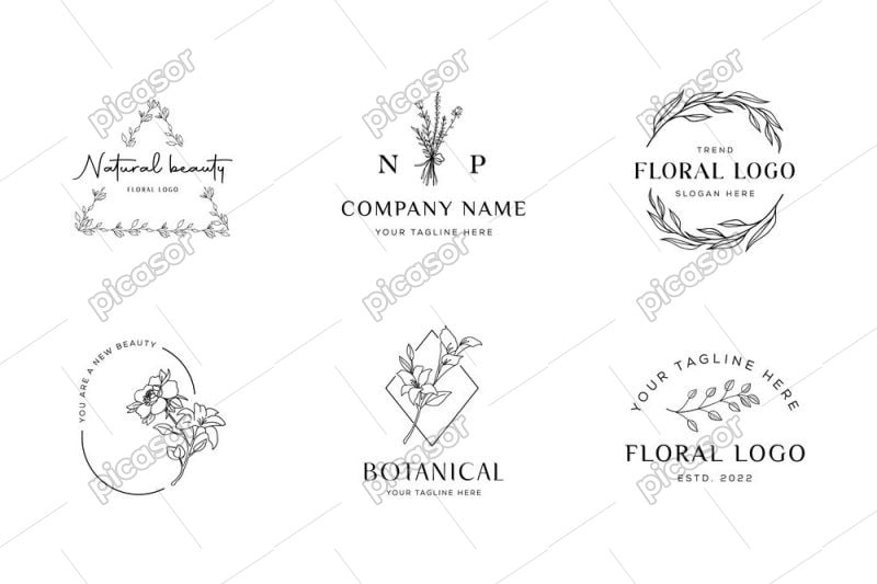 6 وکتور لوگو قاب برگ و گل مینیمال - وکتور لوگو نقاشی گلهای ساده و ظریف