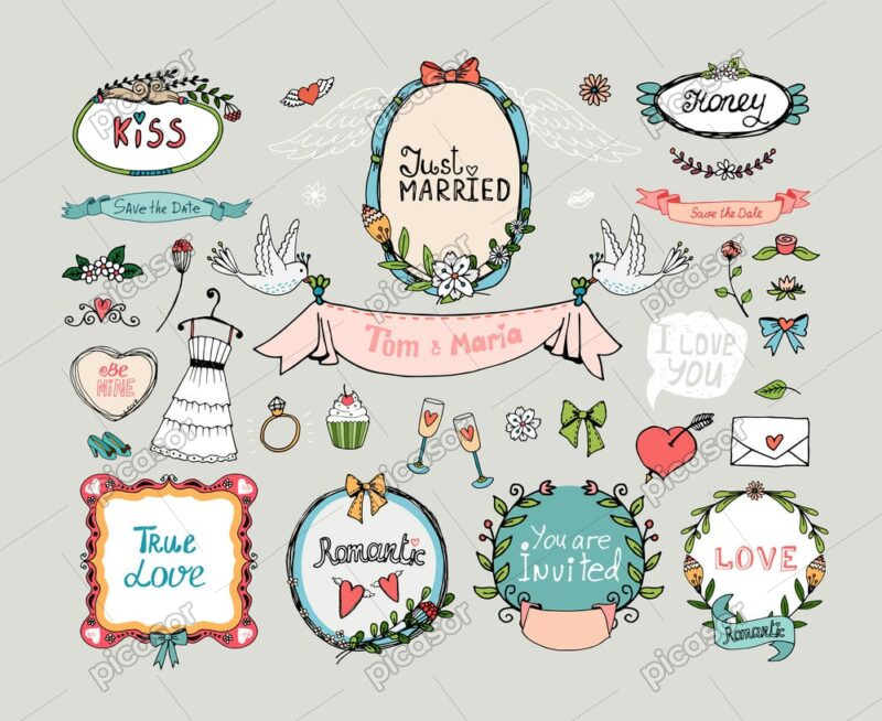 25 وکتور نمادهای عشق و روز ولنتاین وکتور نقاشی لباس عروس با سمبلهای ازدواج