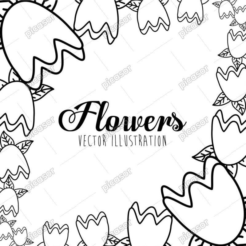 وکتور کارت با قاب گل های لاله خطی و ظریف - وکتور کارت کودکانه با نقاشی گل