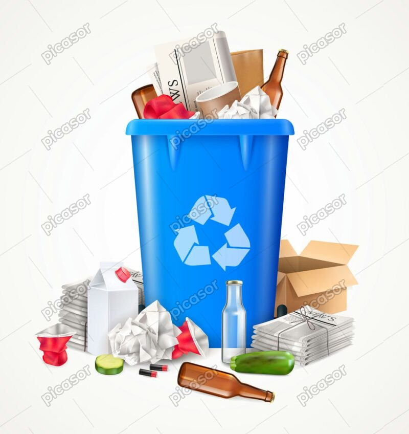 وکتور تفکیک زباله با سطل آشغال و زباله های قابل بازیافت شیشه ای و کاغذی