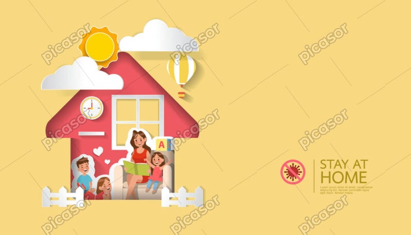 وکتور کتاب خواندن مادر برای بچه ها در خانه - وکتور خانواده شاد با مادر و بچه ها