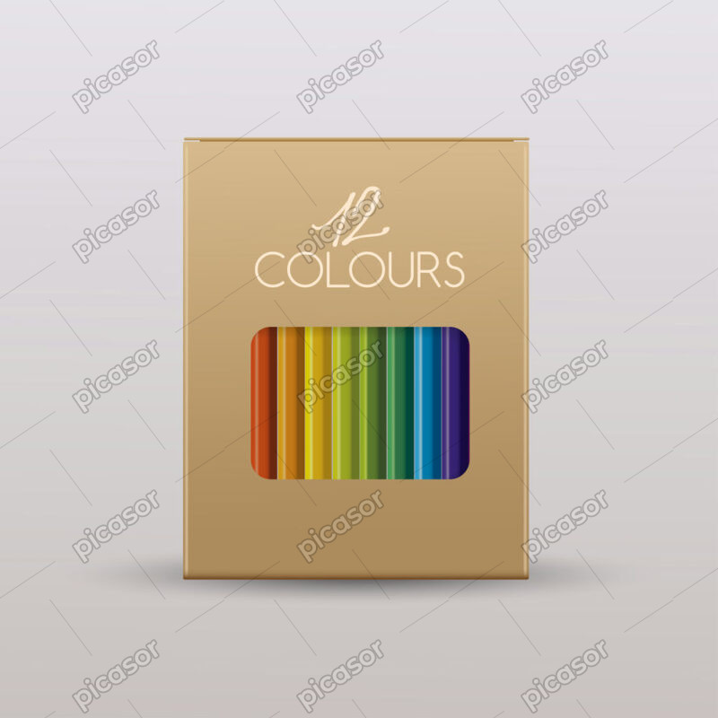 وکتور مدادهای رنگی داخل جعبه - وکتور جعبه مداد رنگی 12 رنگ