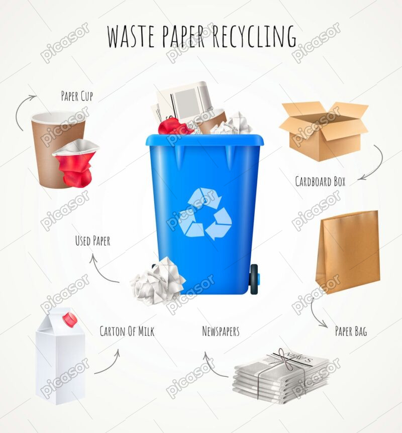 وکتور چرخه تفکیک زباله با سطل آشغال و زباله های قابل بازیافت کاغذی