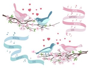 4 وکتور پرنده های عاشق روی شاخه درخت با روبان بنرهای عاشقانه