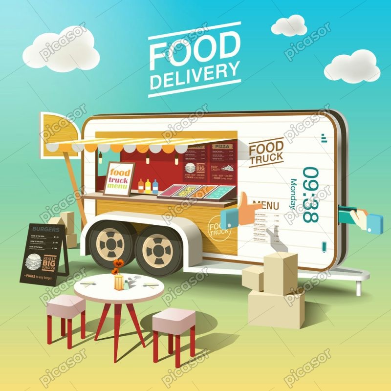 وکتور اپلیکیشن سفارش غذا با طرح کامیون غذای سیار با موبایل