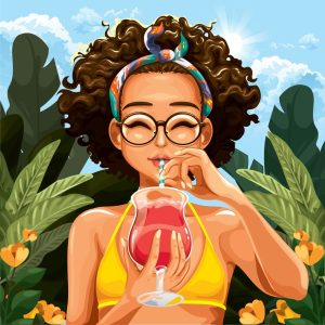 تصویرسازی وکتور دختر جوان با نوشیدنی در دست - وکتور هنری پس زمینه دختر با لیوان نوشیدنی