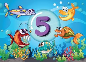 وکتور پس زمینه دریا با ماهی کارتونی برای آموزش عدد 5 انگلیسی و یادگیری زبان خارجی به کودکان