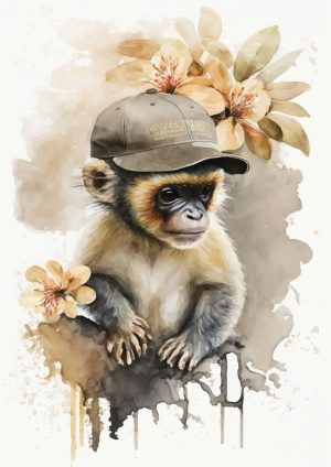 وکتور نقاشی میمون با کلاه و گل سبک آبرنگ - وکتور تصویرسازی میمون با کلاه