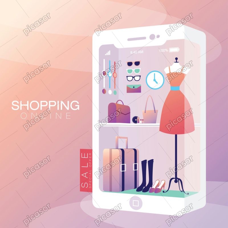 وکتور فروشگاه آنلاین پوشاک زنانه با طرح اپلیکیشن موبایل
