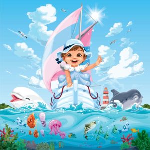 وکتور دختربچه سوار قایق با حیوانات کارتونی دلفین نهنگ ماهی در اقیانوس