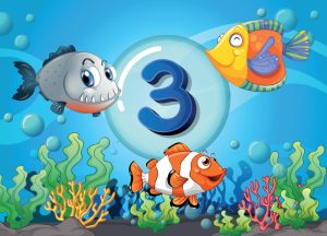 وکتور پس زمینه دریا و ماهی کارتونی برای آموزش عدد 3 انگلیسی و یادگیری زبان خارجی به کودکان