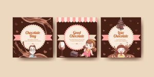 3 وکتور بچه ها در حال خوردن شکلات - وکتور بنر تبلیغاتی شکلات طرح کودکانه سبک آبرنگ