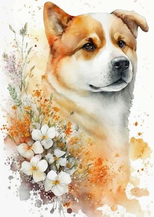 تصویرسازی وکتور نقاشی سگ با گل سبک آبرنگ - وکتور تصویرسازی سگ آکیتا با گل