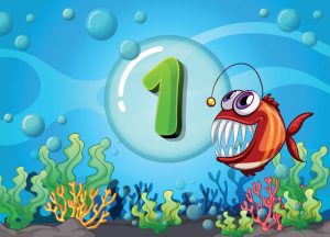 وکتور پس زمینه ماهی کارتونی - وکتور آموزش اعداد انگلیسی به کودکان با ماهی - عدد 1