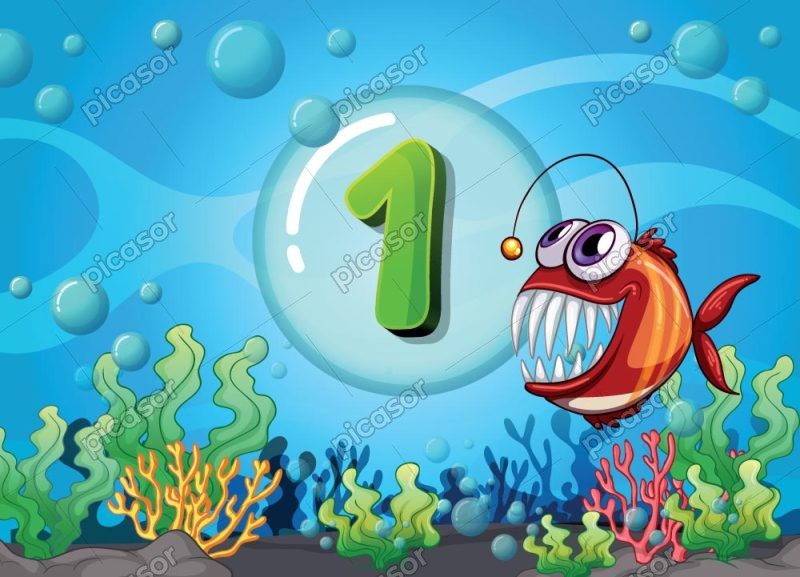 وکتور پس زمینه ماهی کارتونی - وکتور آموزش اعداد انگلیسی به کودکان با ماهی - عدد 1