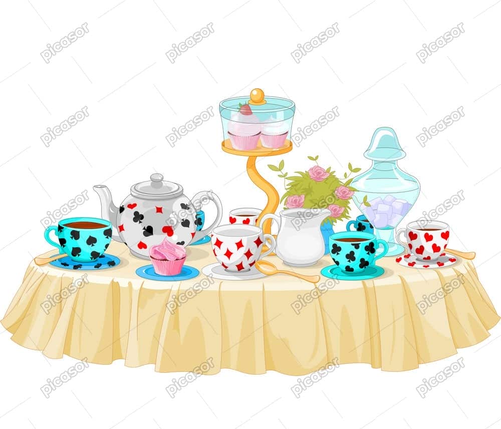 وکتور میز صبحانه با کیک و قوری و فنجان چای وکتور میز صبحانه با کیک و قوری و فنجان چای