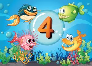 وکتور پس زمینه دریا و ماهی کارتونی برای آموزش عدد 4 انگلیسی و یادگیری زبان خارجی به کودکان