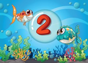 وکتور پس زمینه دریا با ماهی کارتونی - وکتور آموزش اعداد انگلیسی به کودکان با ماهی - عدد 2