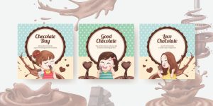 3 وکتور دختربچه در حال خوردن شکلات – وکتور بنر تبلیغاتی شکلات طرح کودکانه