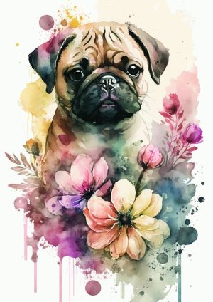 تصویرسازی وکتور نقاشی سگ با گل سبک آبرنگ - وکتور تصویرسازی سگ پاگ با گل