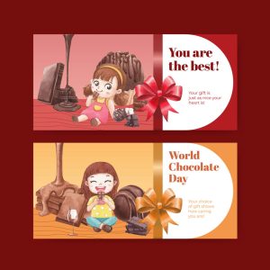 2 وکتور بنر تبلیغاتی شکلات طرح کودکانه سبک آبرنگ - وکتور دختربچه در حال خوردن شکلات