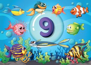 وکتور آموزش عدد 9 انگلیسی به کودکان با پس زمینه دریا با 9 ماهی کارتونی
