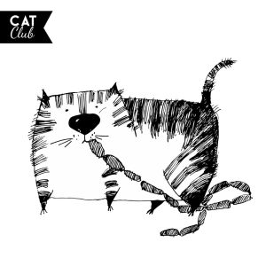 وکتور نقاشی گربه چاق در حال خوردن سوسیس طرح اسکچ کارتونی