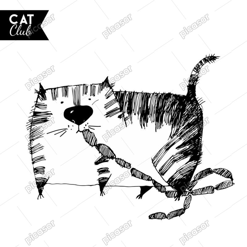 وکتور نقاشی گربه چاق در حال خوردن سوسیس طرح اسکچ کارتونی