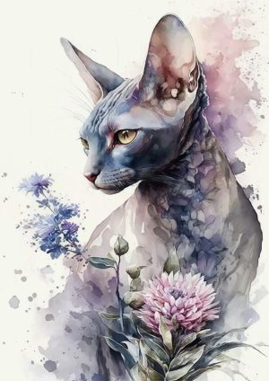 وکتور نقاشی گربه بی مو با گل آبرنگی - وکتور تصویرسازی حیوانات با گربه و گل