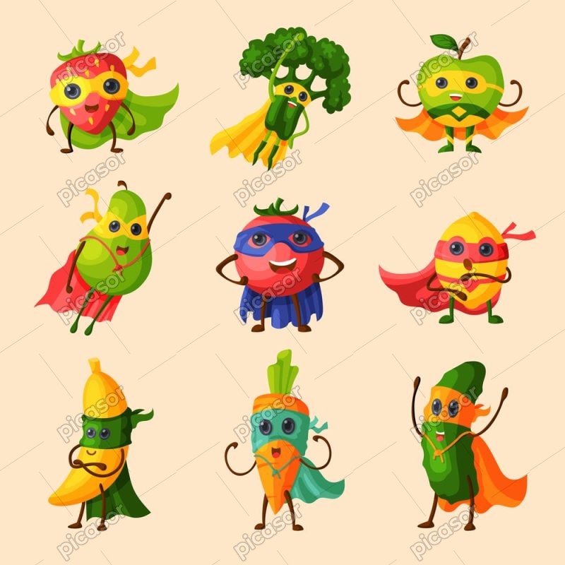 9 وکتور سبزیجات با لباس ابرقهرمان - وکتور آیکون سبزیجات کارتونی