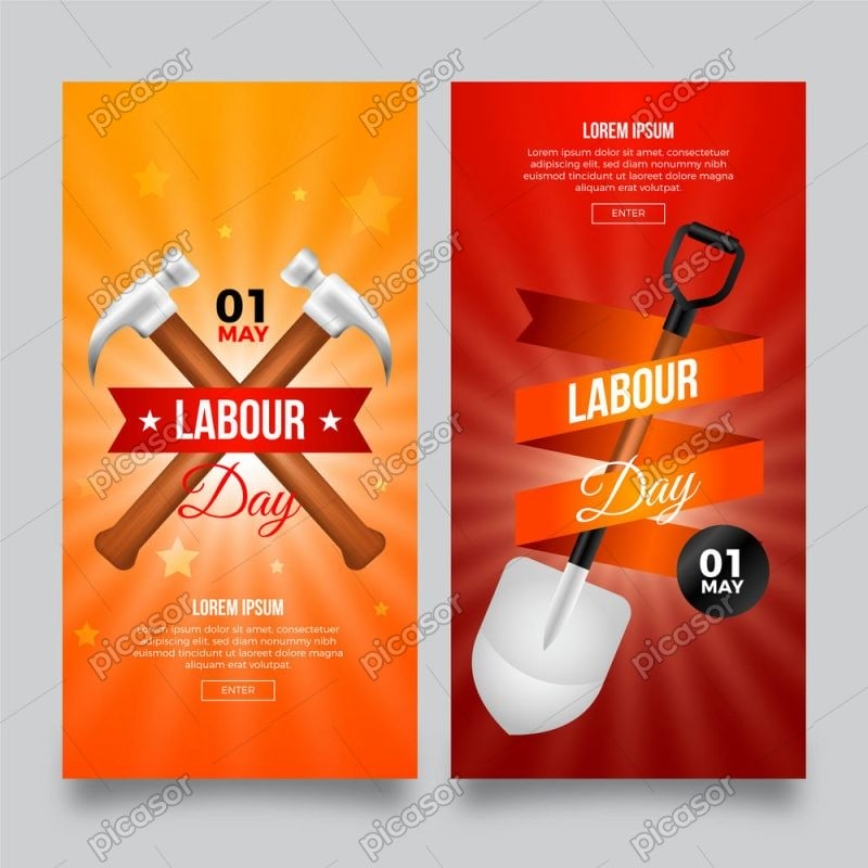 2 وکتور بنر ابزارآلات چکش و بیل - وکتور بنر روز کارگر