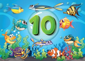 وکتور آموزش عدد 10 انگلیسی به کودکان با پس زمینه دریا با 10 ماهی کارتونی