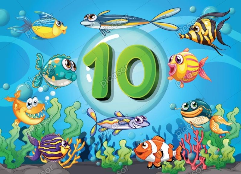 وکتور آموزش عدد 10 انگلیسی به کودکان با پس زمینه دریا با 10 ماهی کارتونی