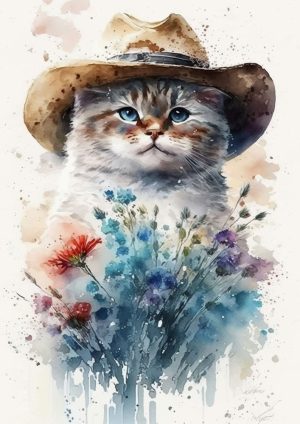 تصویرسازی وکتور نقاشی گربه با کلاه و گل سبک آبرنگ - وکتور تصویرسازی گربه با گل