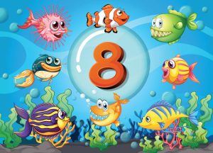 وکتور آموزش عدد 8 انگلیسی به کودکان با پس زمینه دریا با 8 ماهی کارتونی