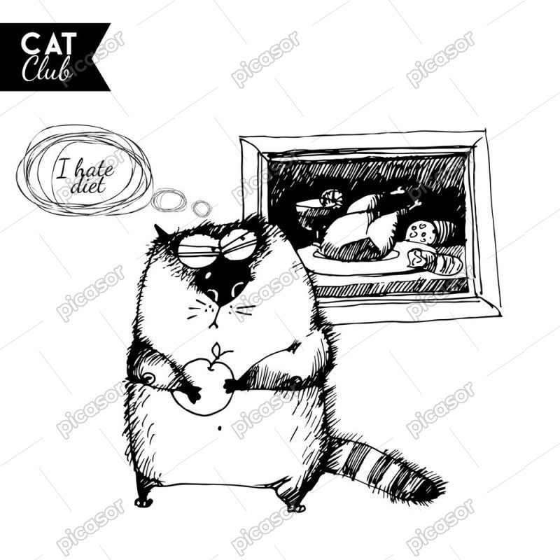 وکتور نقاشی گربه با رژیم غذایی طرح اسکچ کارتونی