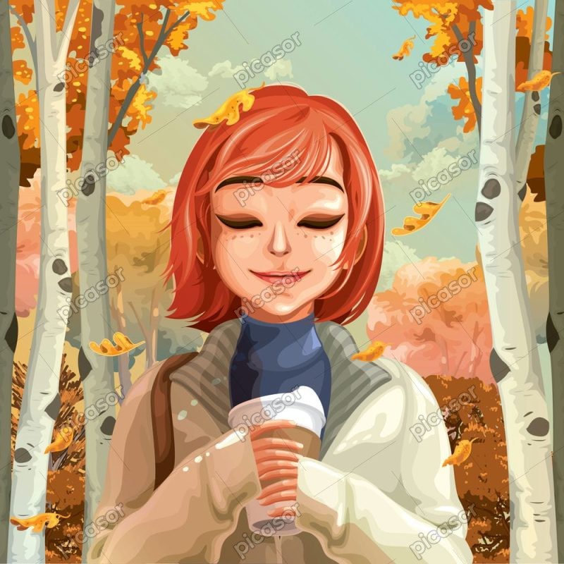 تصویرسازی وکتور دختر جوان در جنگل پاییزی - وکتور هنری پس زمینه دختر با لیوان در دست در جنگل