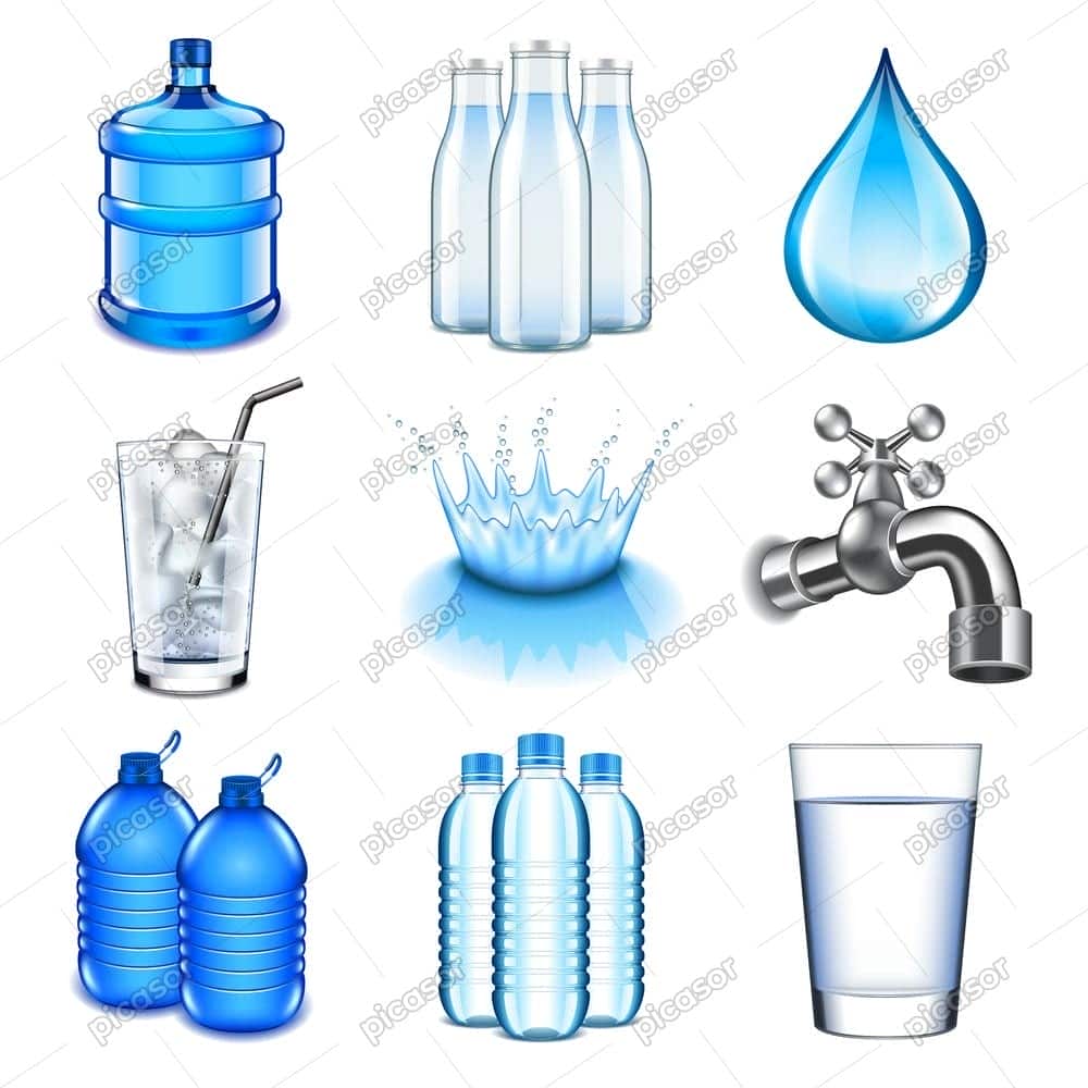 9 وکتور آیکون بطری آب معدنی قطره آب و لیوان آب طراحی واقعی 9 وکتور آیکون بطری آب معدنی قطره آب