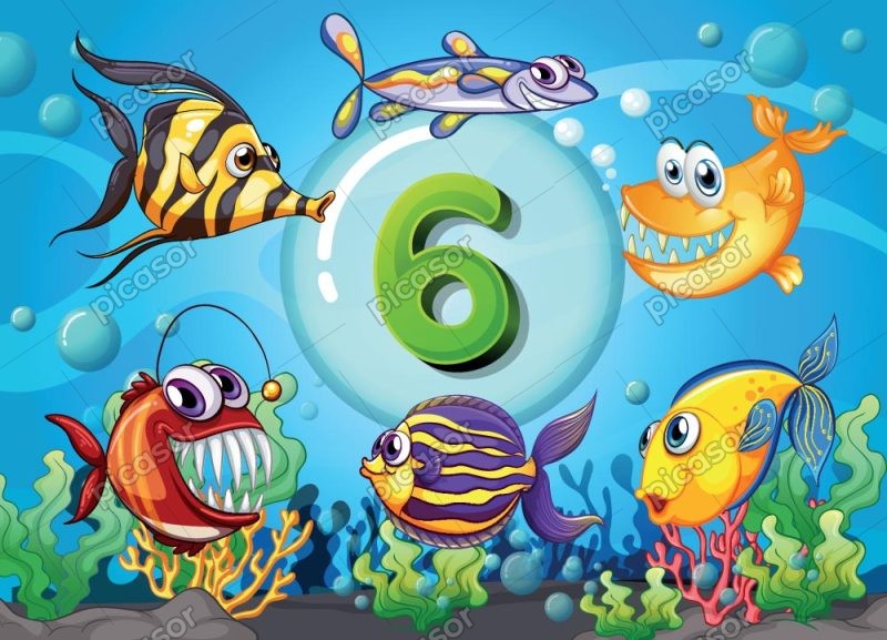 وکتور آموزش عدد 6 انگلیسی به کودکان با پس زمینه دریا با ماهی کارتونی