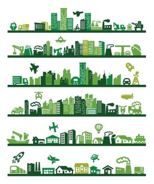 6 وکتور شهر کارخانه صنعت و تجارت طرح نمای افقی سبز