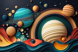 تصویرسازی سیارات و ستاره و فضا - عکس پس زمینه خورشید و سیاره و ستاره سبک تصویرسازی کاغذی