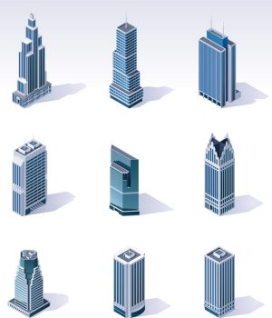 9 وکتور آیکون آسمان خراش و برج طرح ایزومتریک ساختمان بلند سه بعدی